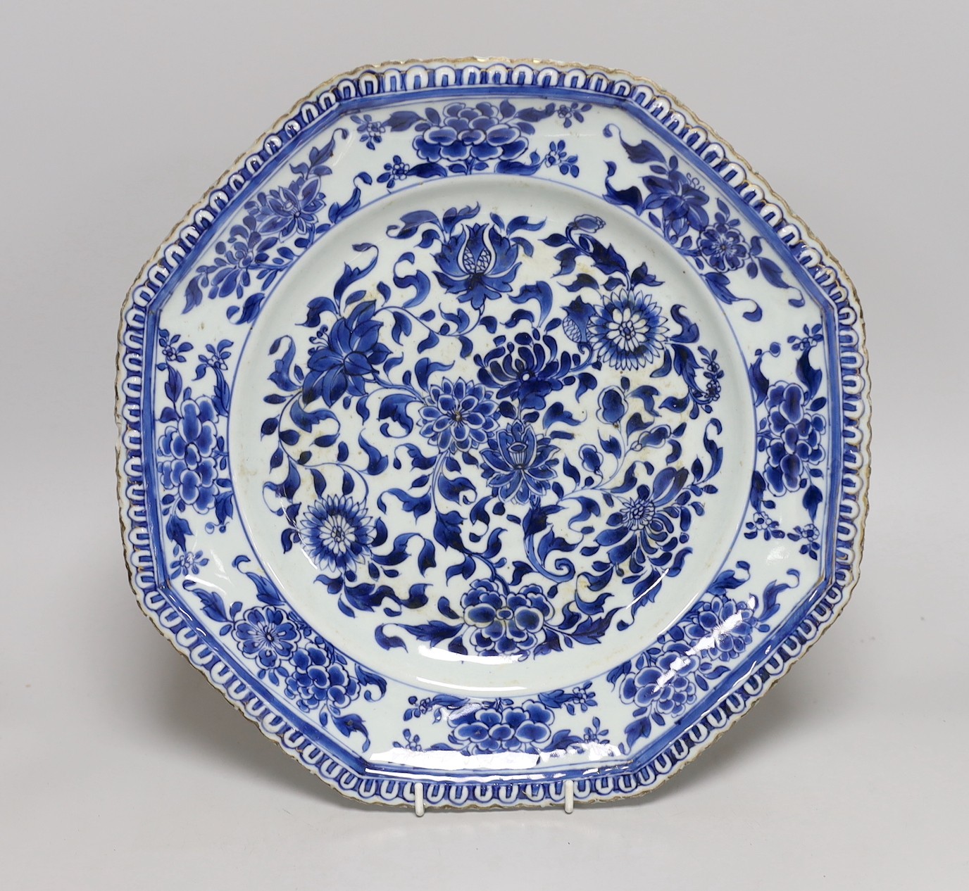A Chinese blue and white octagonal floral dish, Kangxi period, 36cms diameter, the base with lingzhi symbol in a double circle